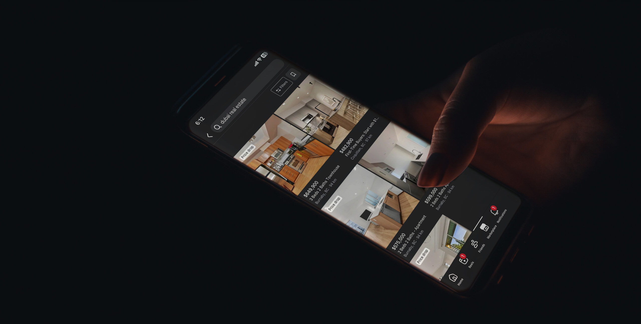 Smartphone browsing Dubai real estate listings on a property app