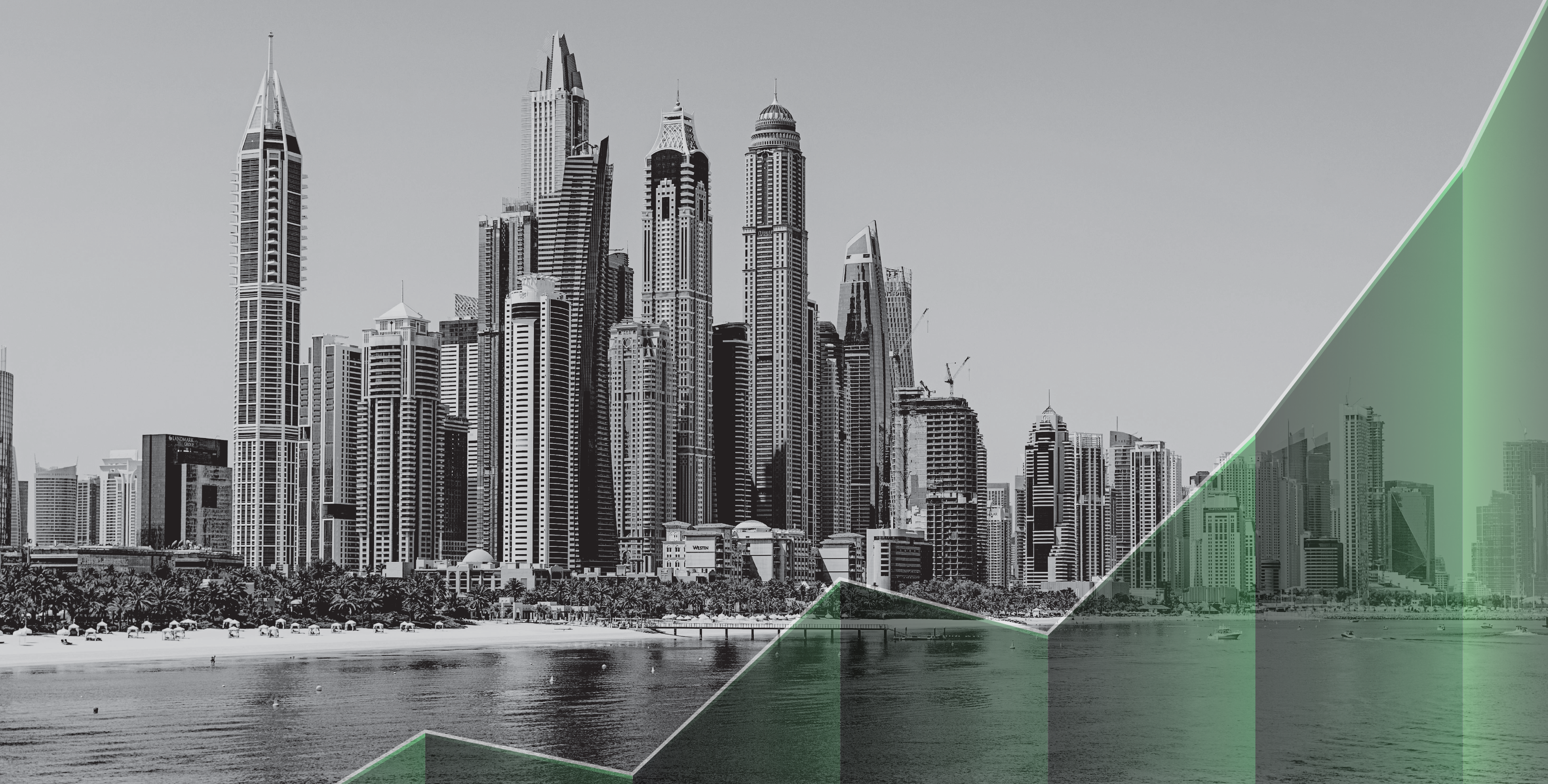 Dubai Marina skyline with growth chart, real estate market performance