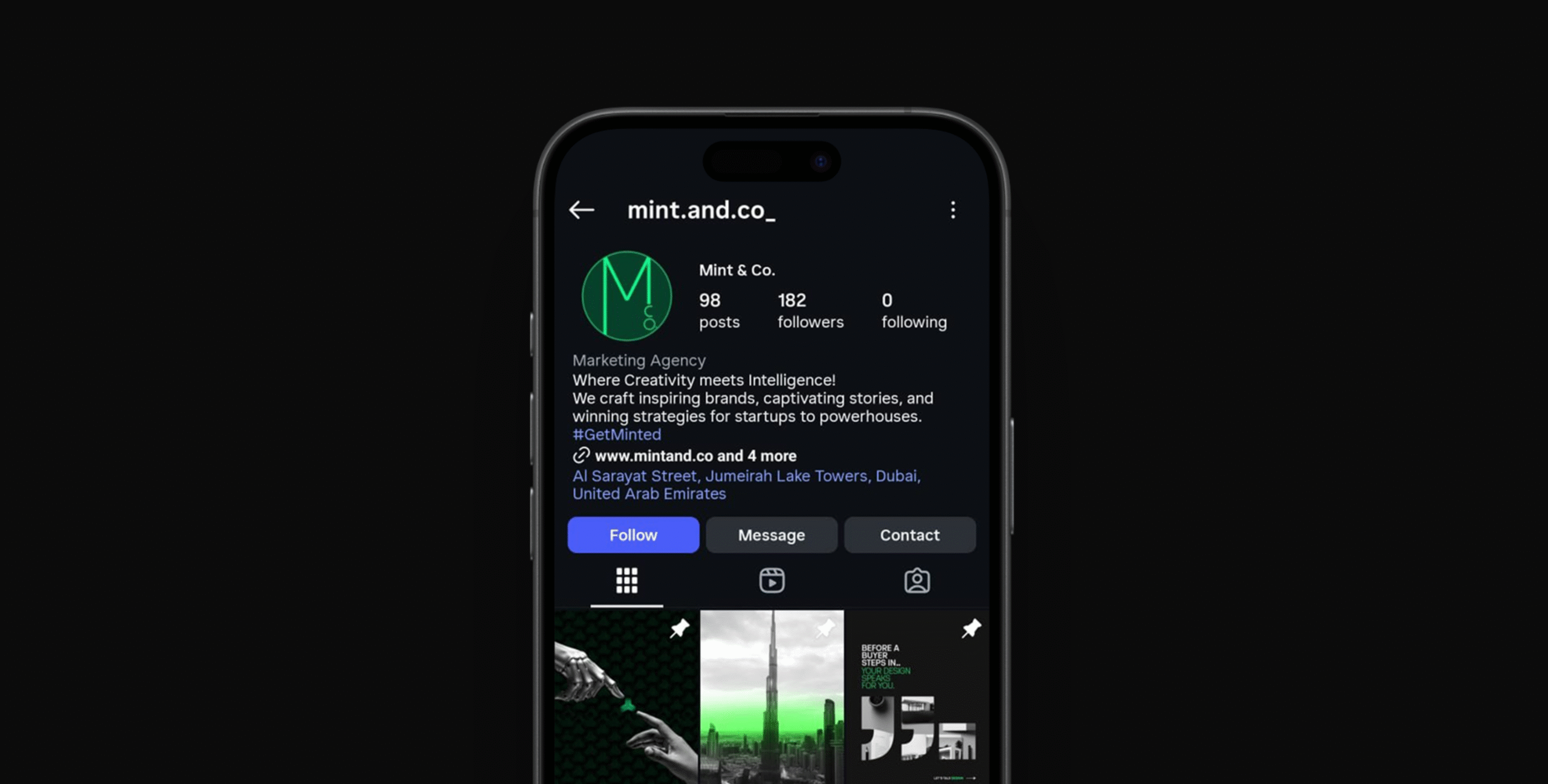 Mint & Co. Instagram profile page, real estate agency social media presence