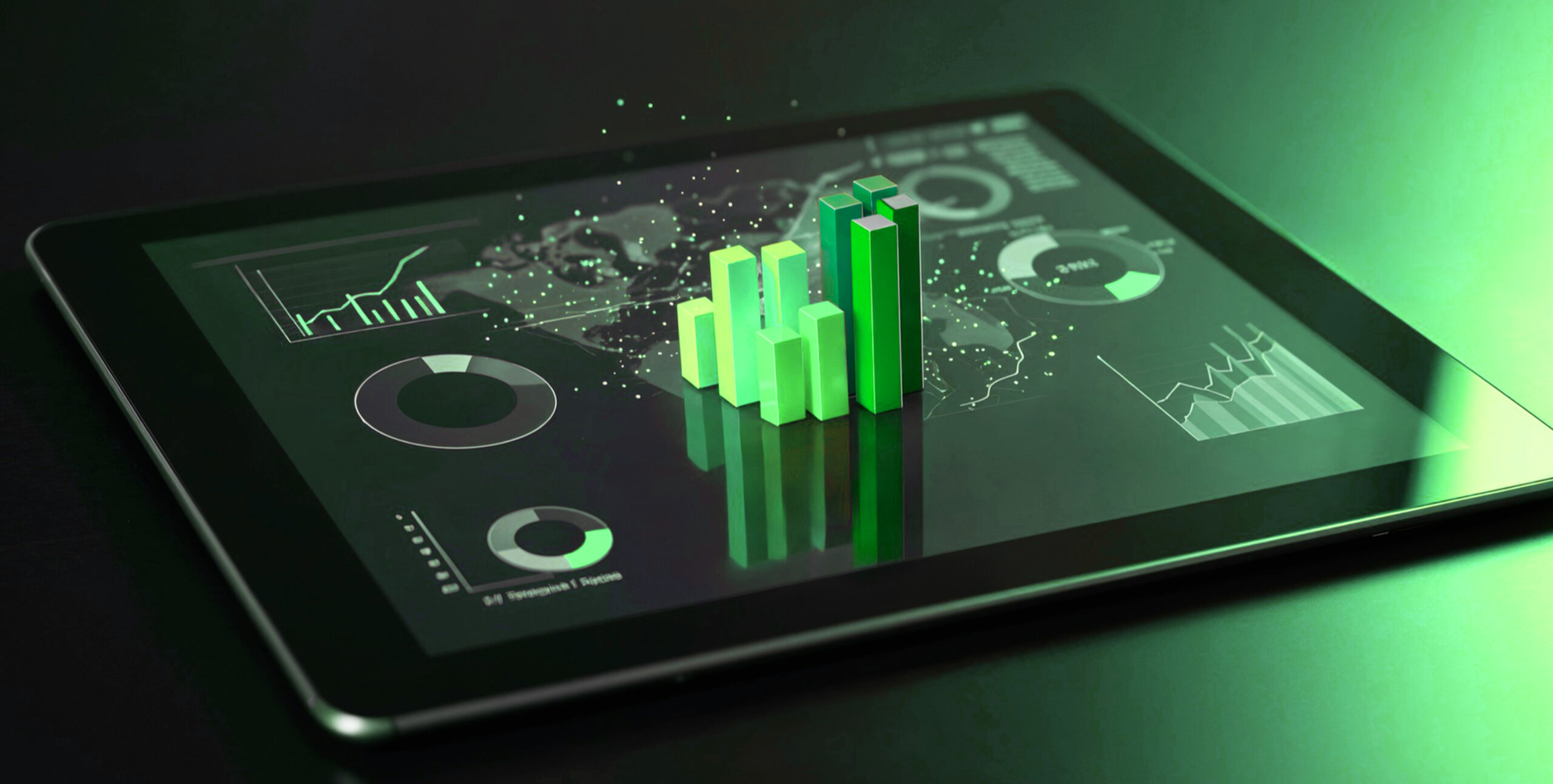 3D analytics dashboard on tablet, real estate marketing performance data