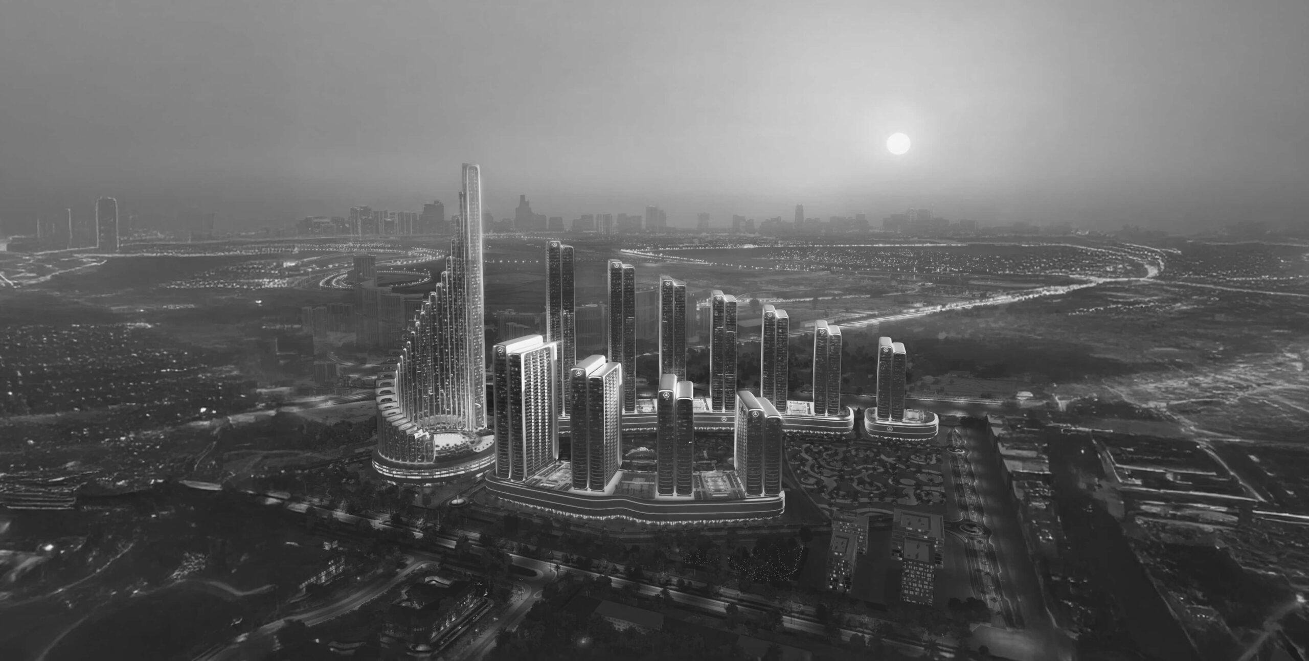 AI-rendered Dubai skyscraper cluster at night, real estate architectural visualization
