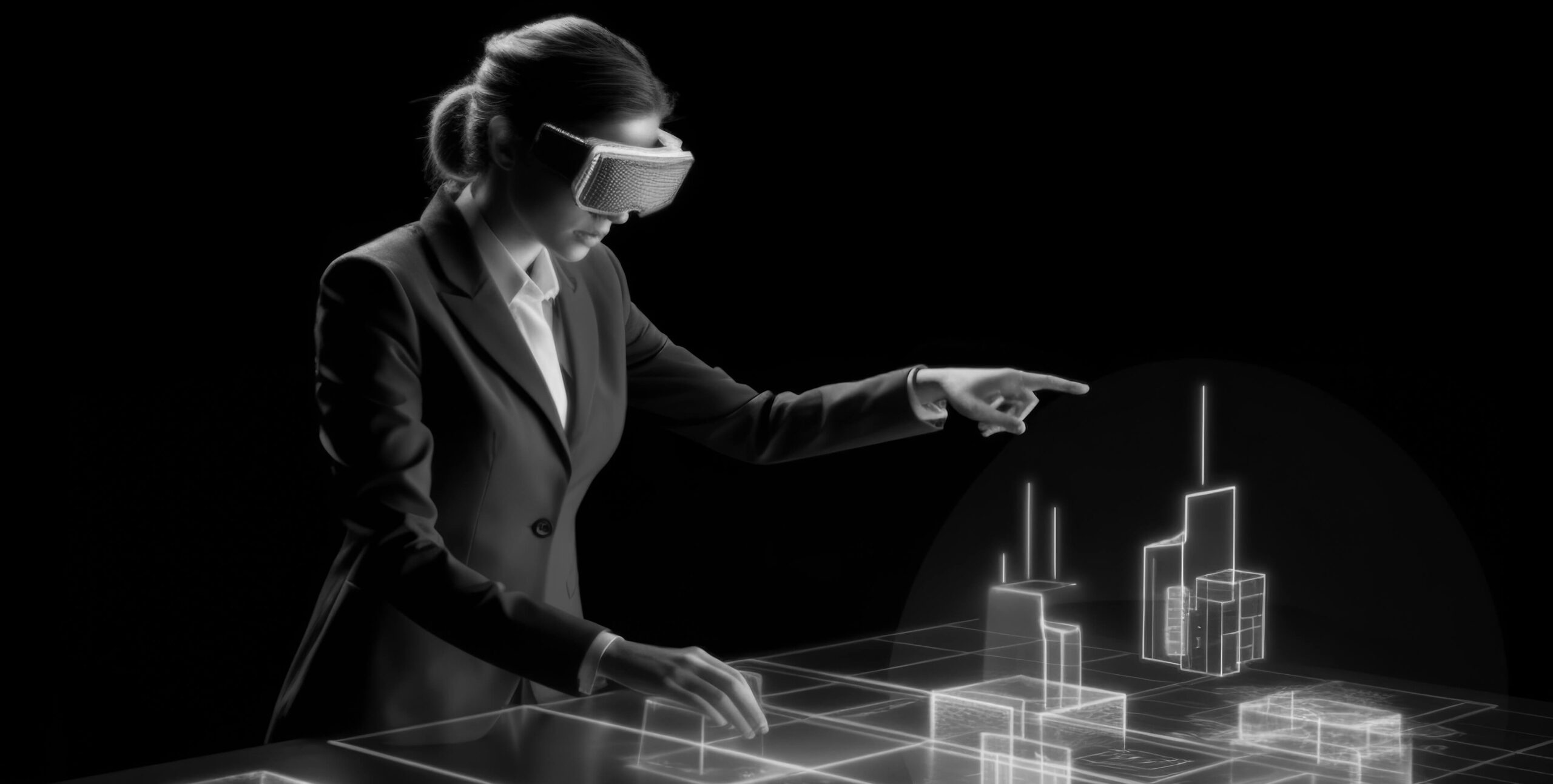 Businesswoman with AR glasses viewing a 3D city model, AI in real estate