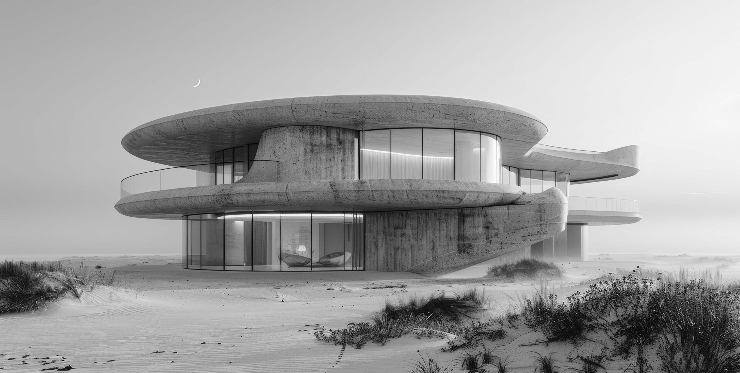 AI-generated curved concrete beach house, AI in real estate architectural design