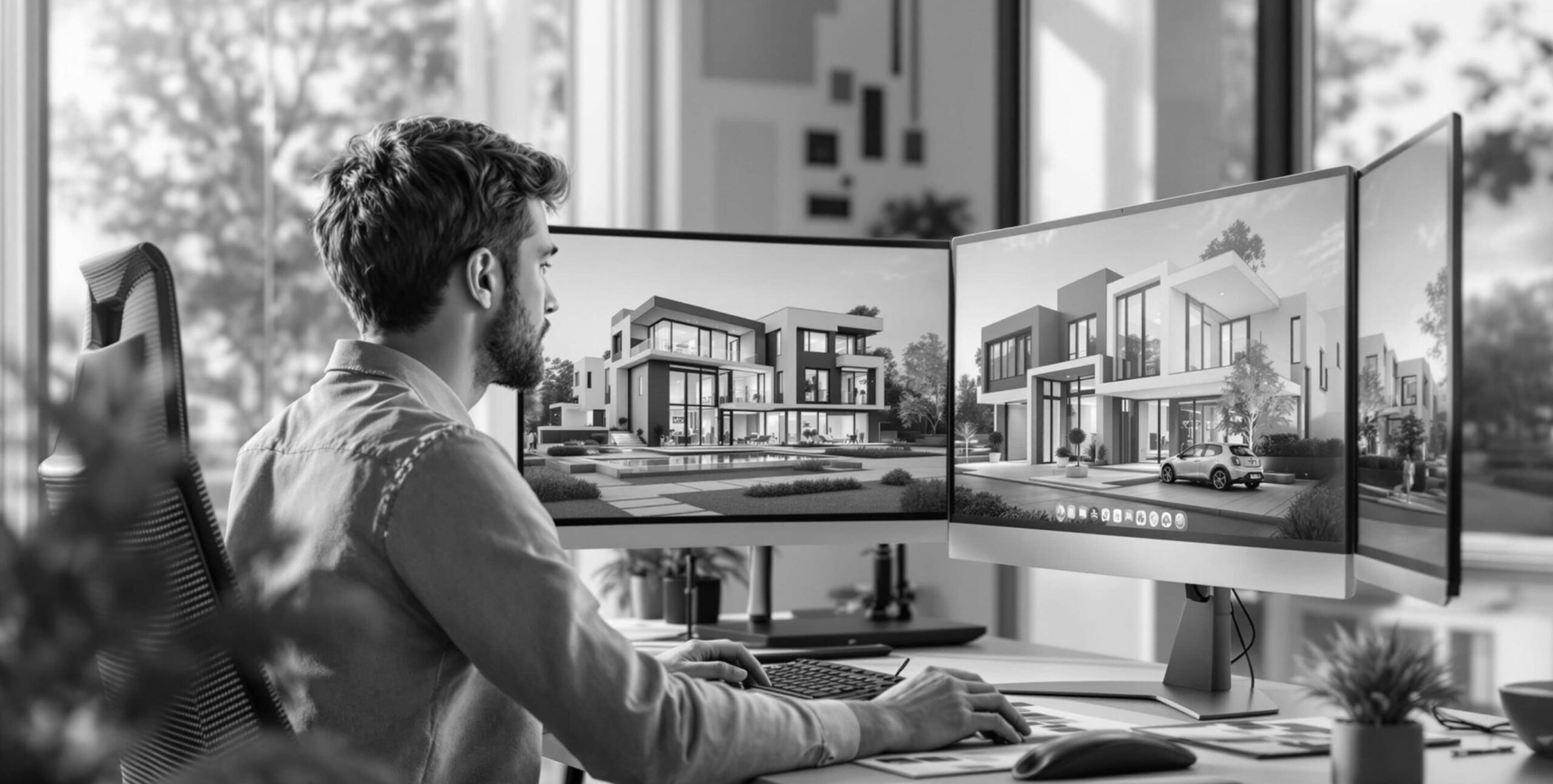 Designer reviewing 3D villa renders, CGI real estate visualization