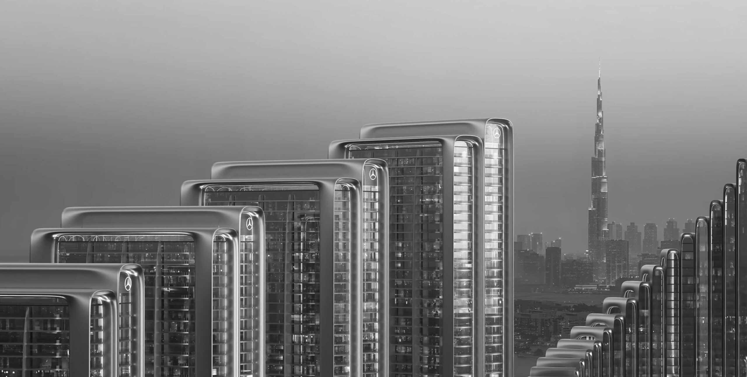 Mercedes-Benz Places Binghatti towers with Burj Khalifa, Dubai real estate development