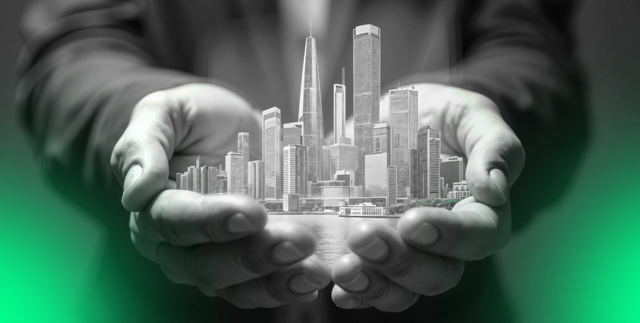 Cupped hands holding a miniature city, sustainable real estate development
