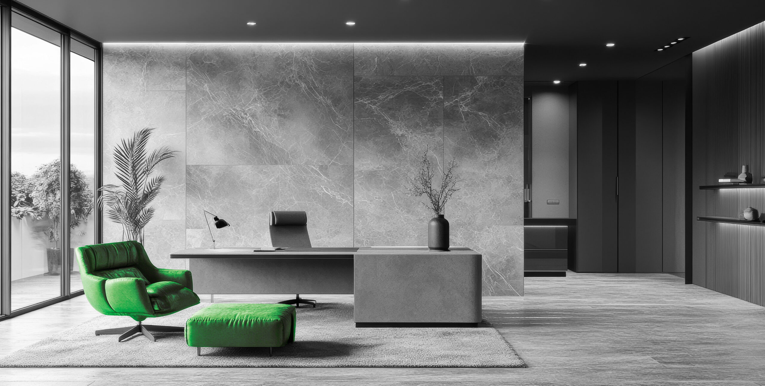 Modern office with green accent chair