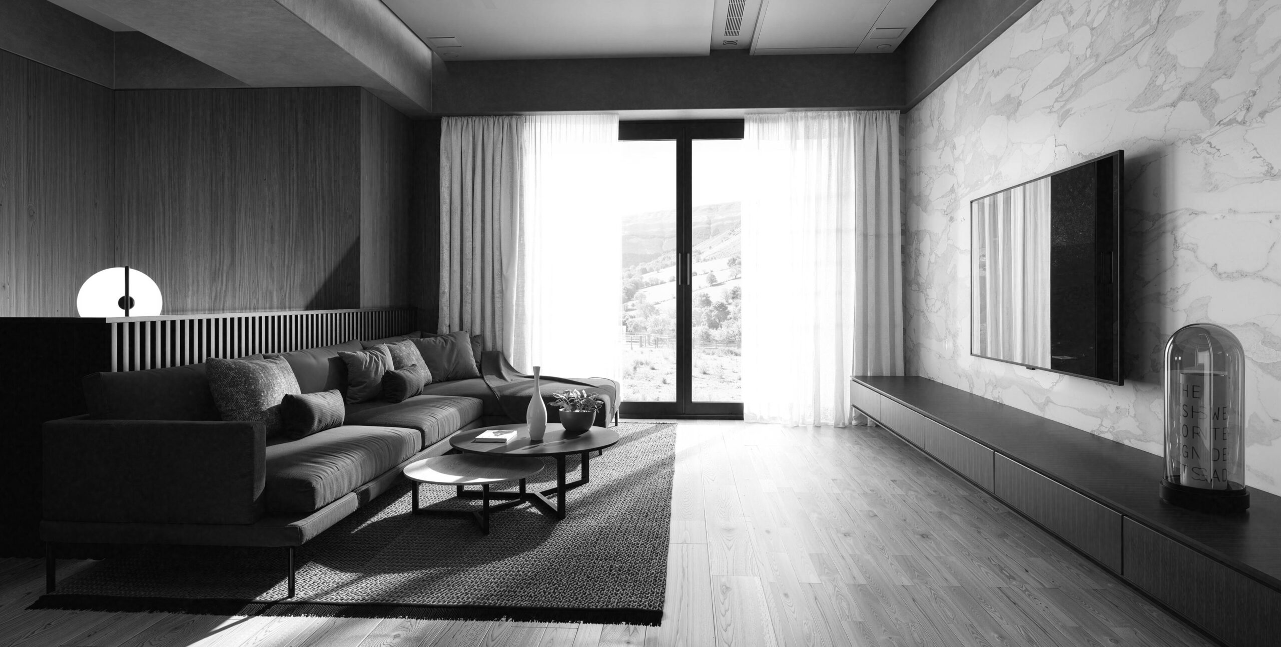 Minimalist living room with countryside view, luxury real estate interior design
