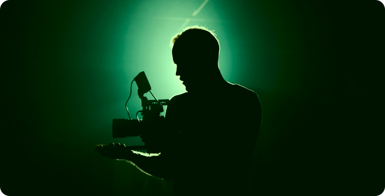 Videographer silhouette with camera rig, CGI and video production for real estate