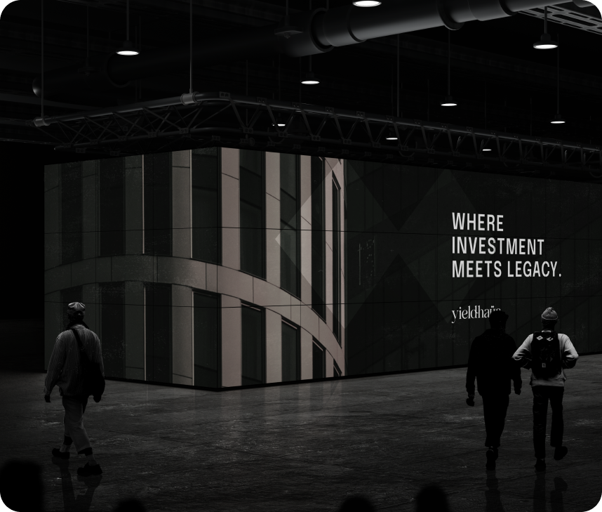 Investment tagline illuminated building exterior