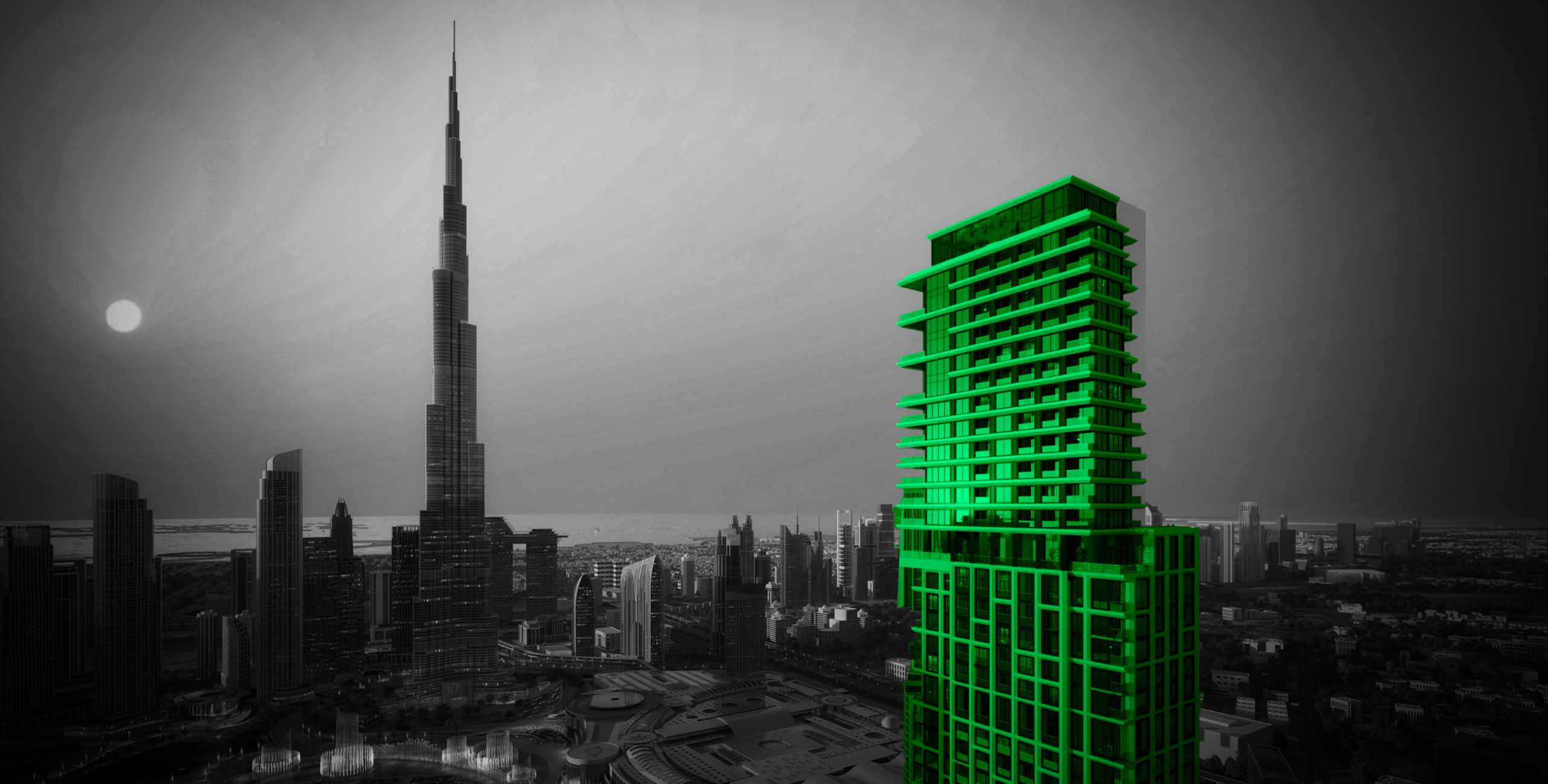 Dubai skyline with new tower render, off-plan real estate development launch
