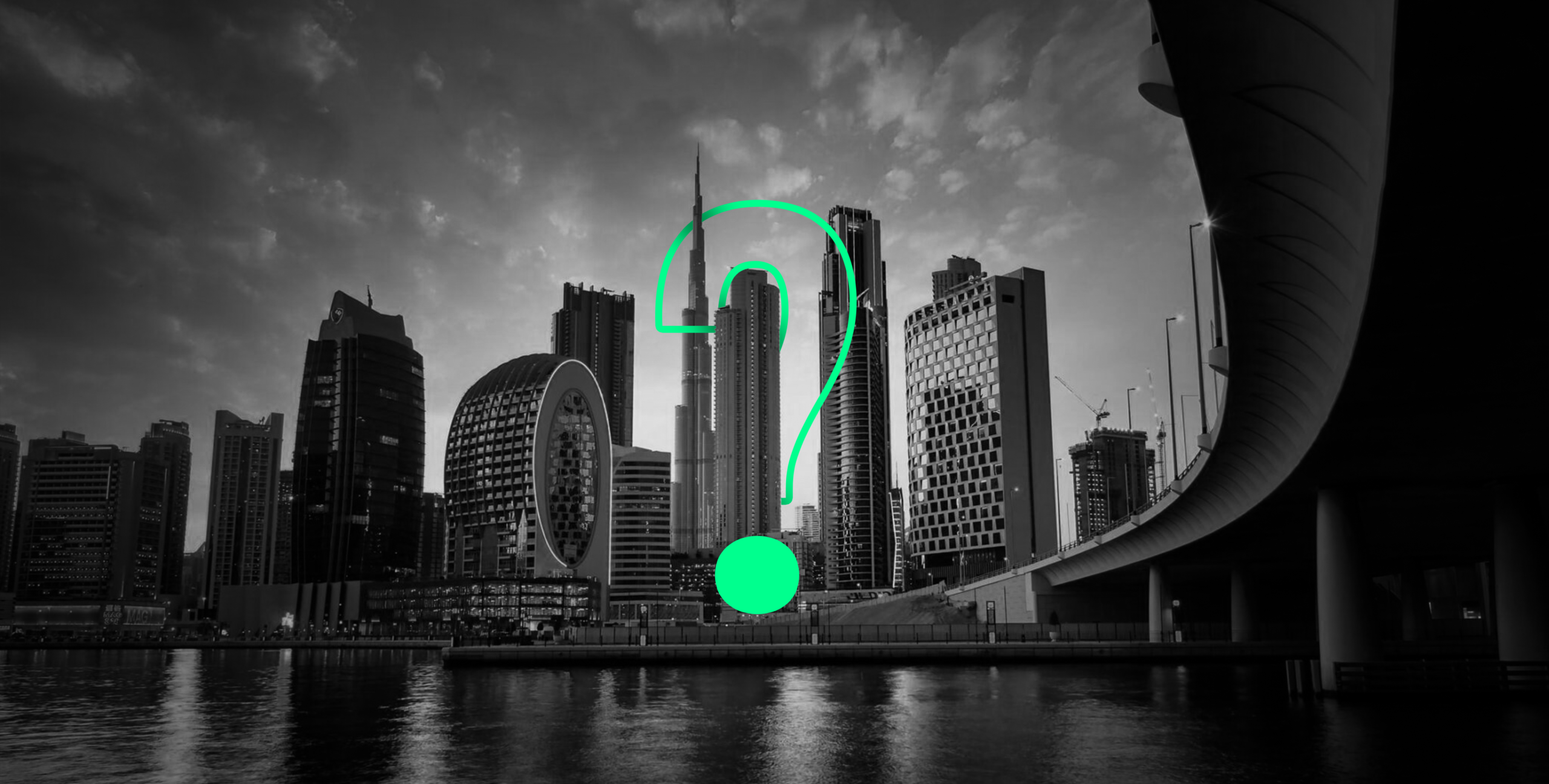 Dubai skyline with question mark overlay, real estate project teaser campaign