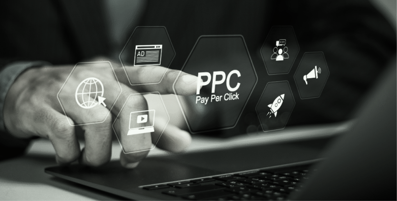 PPC, ads and video icons around a laptop, pay-per-click for real estate