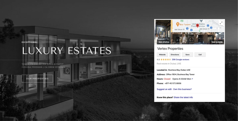 Google Business Profile panel on luxury estate site, local SEO for real estate agents