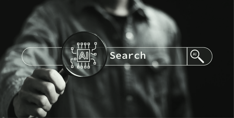 Magnifying glass over AI search bar, AI search optimization for real estate