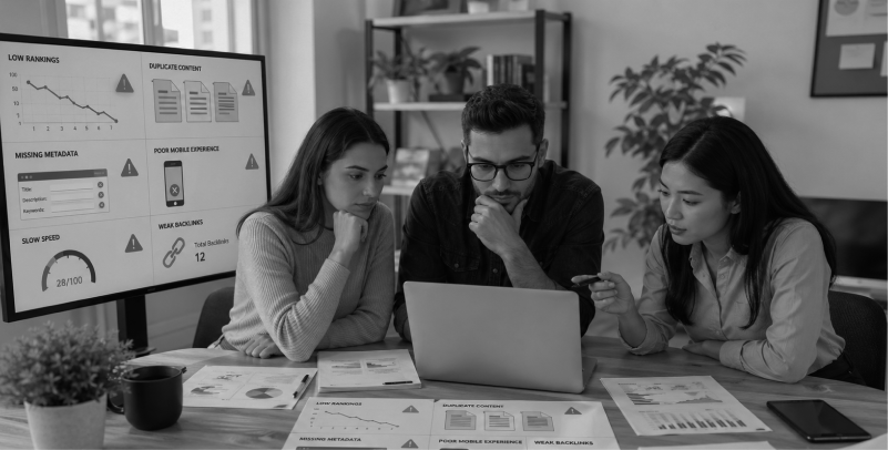 SEO issues screen, technical SEO audit for real estate websites