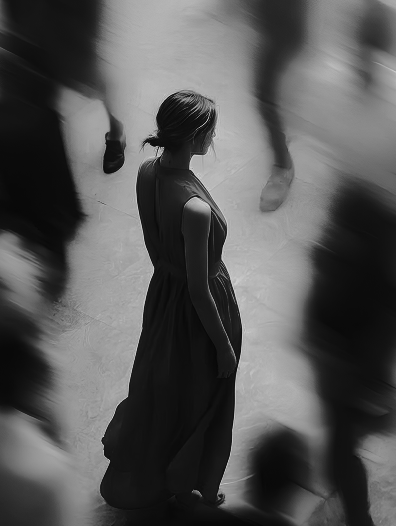 Elegant woman standing amid blurred crowd