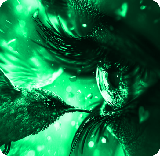 Green glowing eye extreme closeup