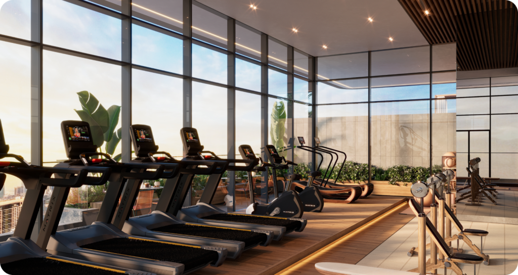 3D render of a high-rise gym, luxury amenity visualization for real estate