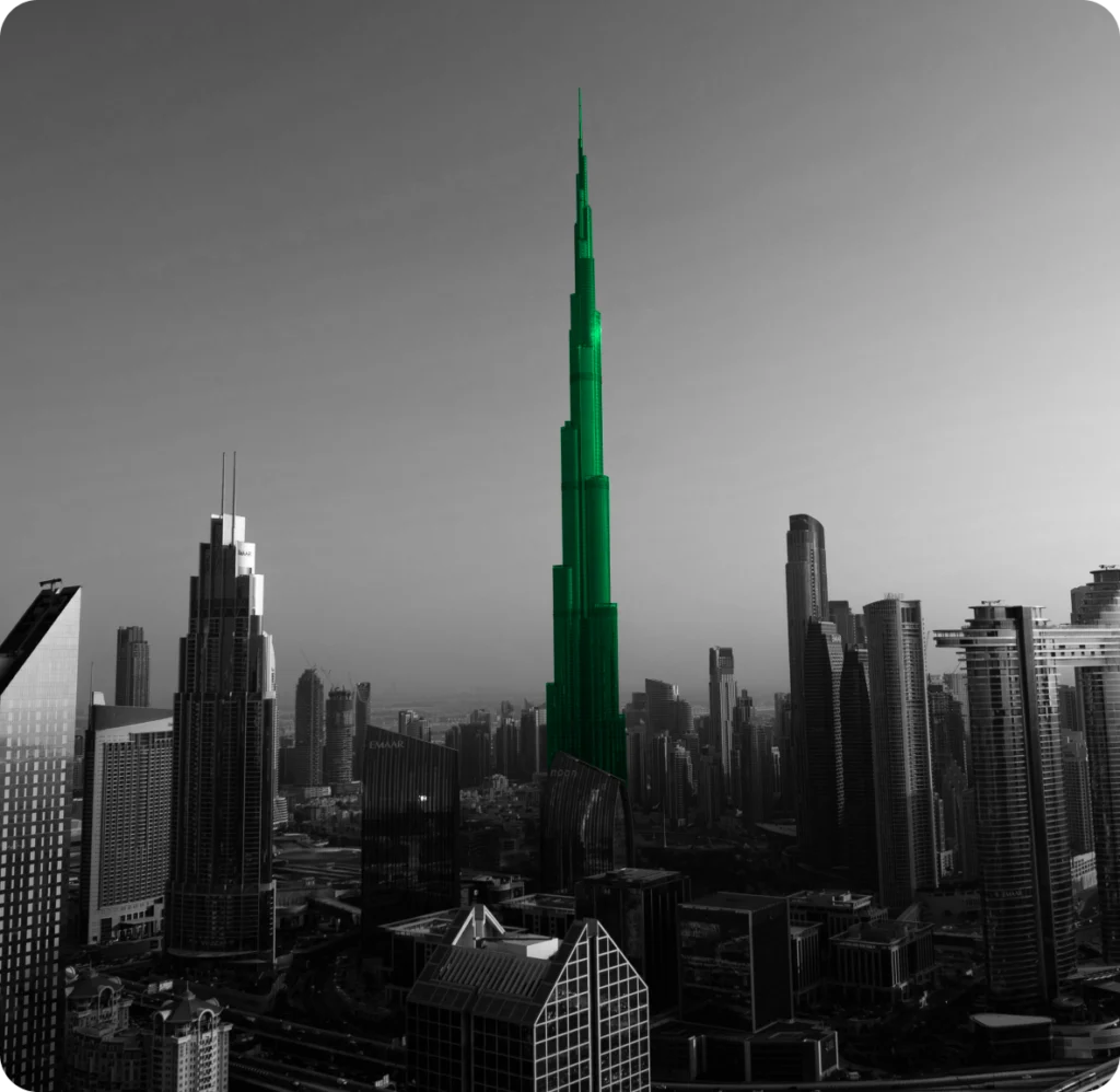 Dubai skyline with Burj Khalifa highlighted, Dubai real estate branding visual