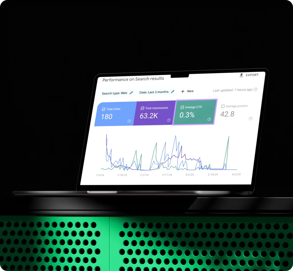 Search performance dashboard on laptop, SEO reporting for real estate websites