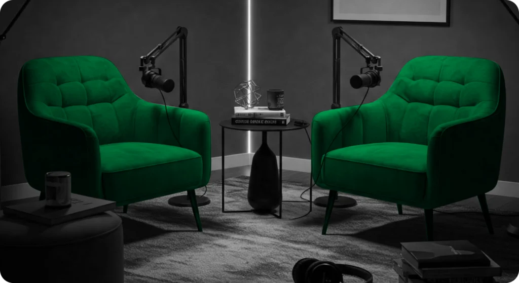 Podcast studio armchairs, podcast setup for real estate brand content
