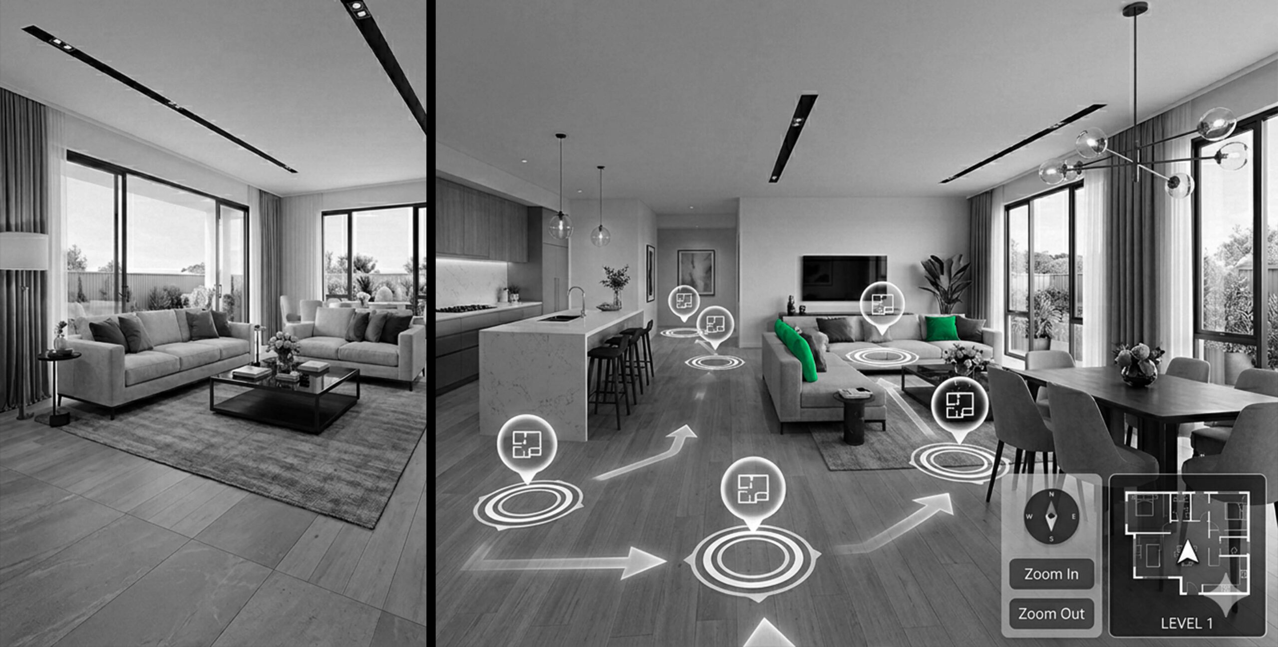 Living room with AR navigation pins, virtual property tour for real estate