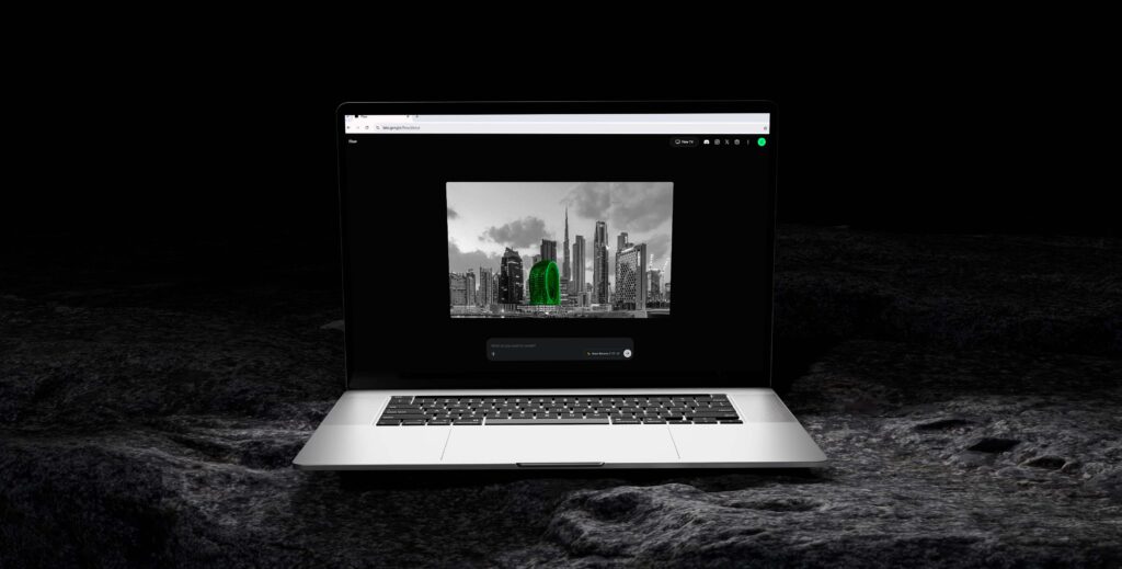AI image tool rendering a Dubai skyline building, AI CGI for real estate