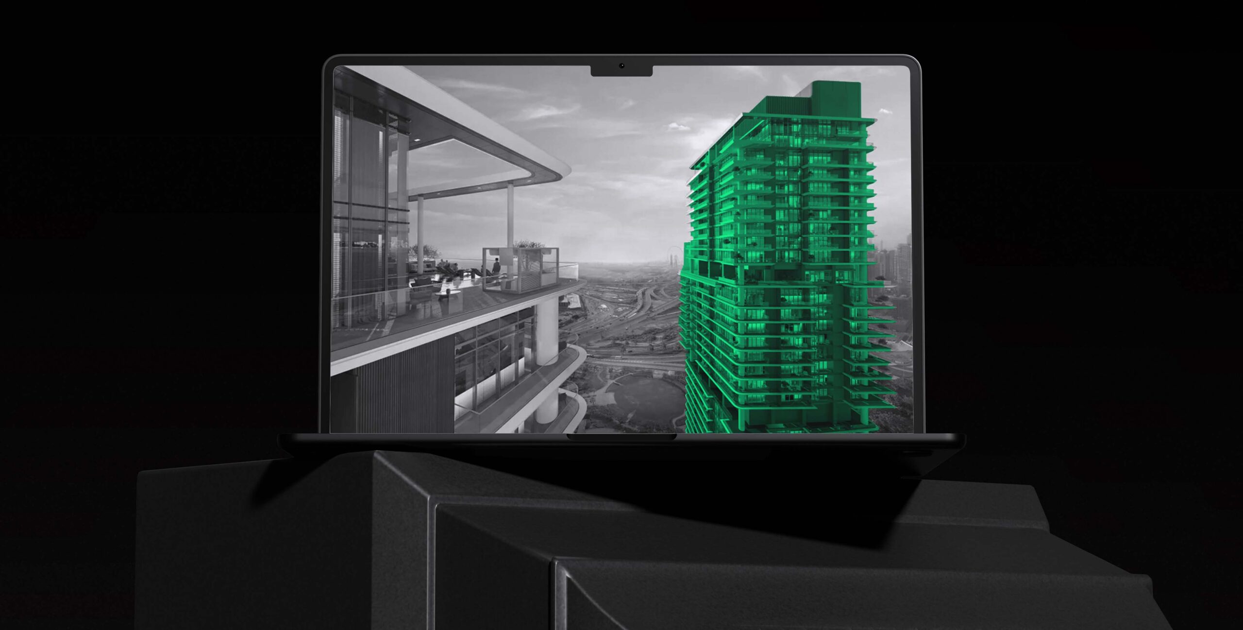 3D render of a residential tower rooftop, CGI visualization for real estate