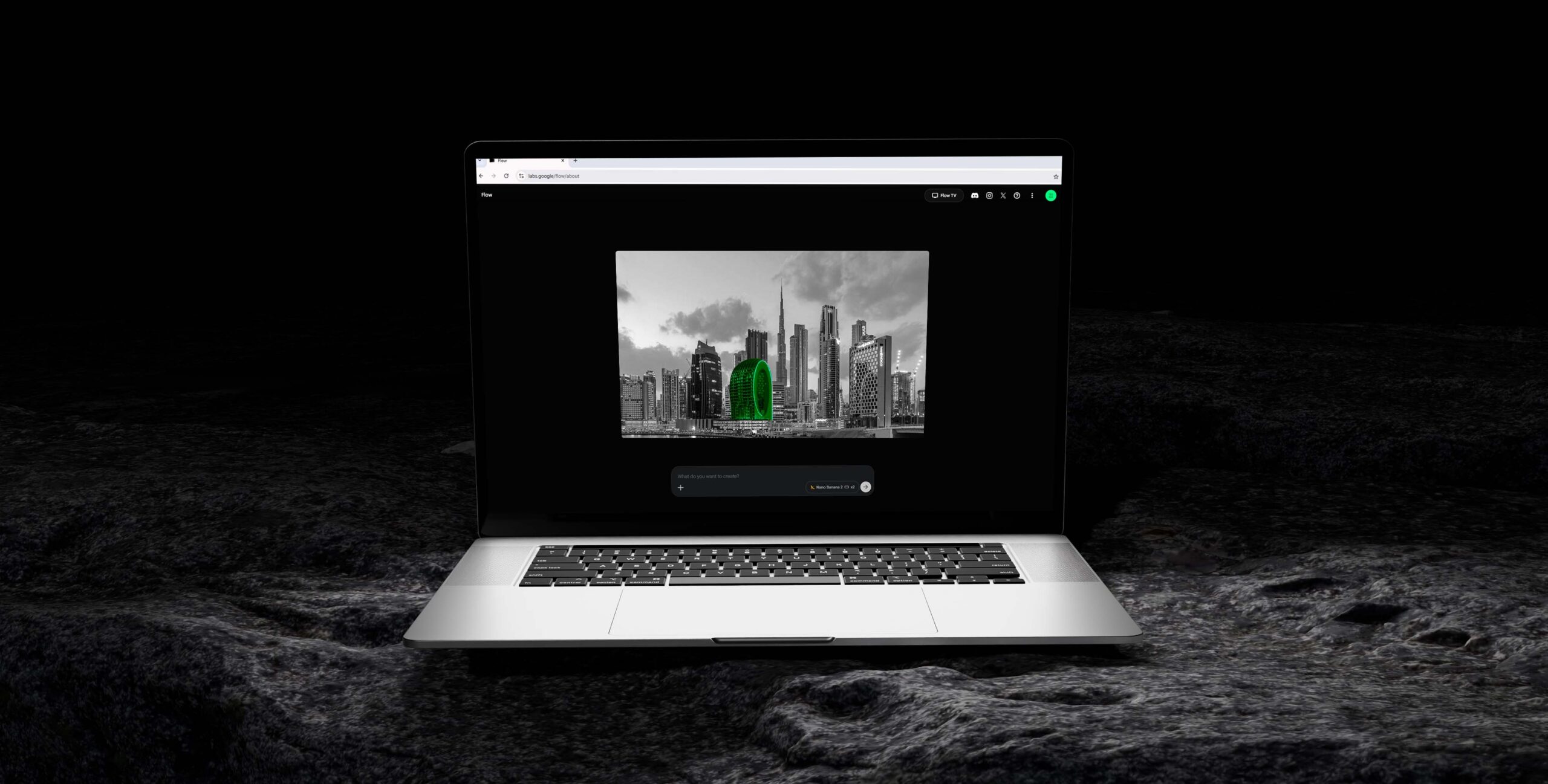 AI image tool rendering a Dubai skyline building, AI CGI for real estate