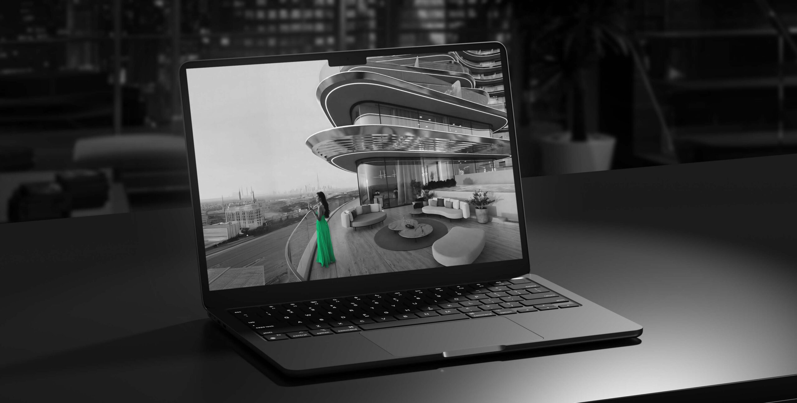 CGI render of a luxury apartment balcony, real estate visualization