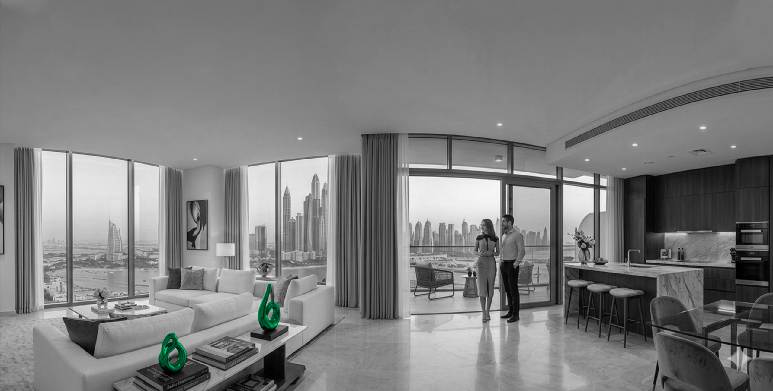 Couple on a Dubai Marina balcony, luxury real estate lifestyle marketing