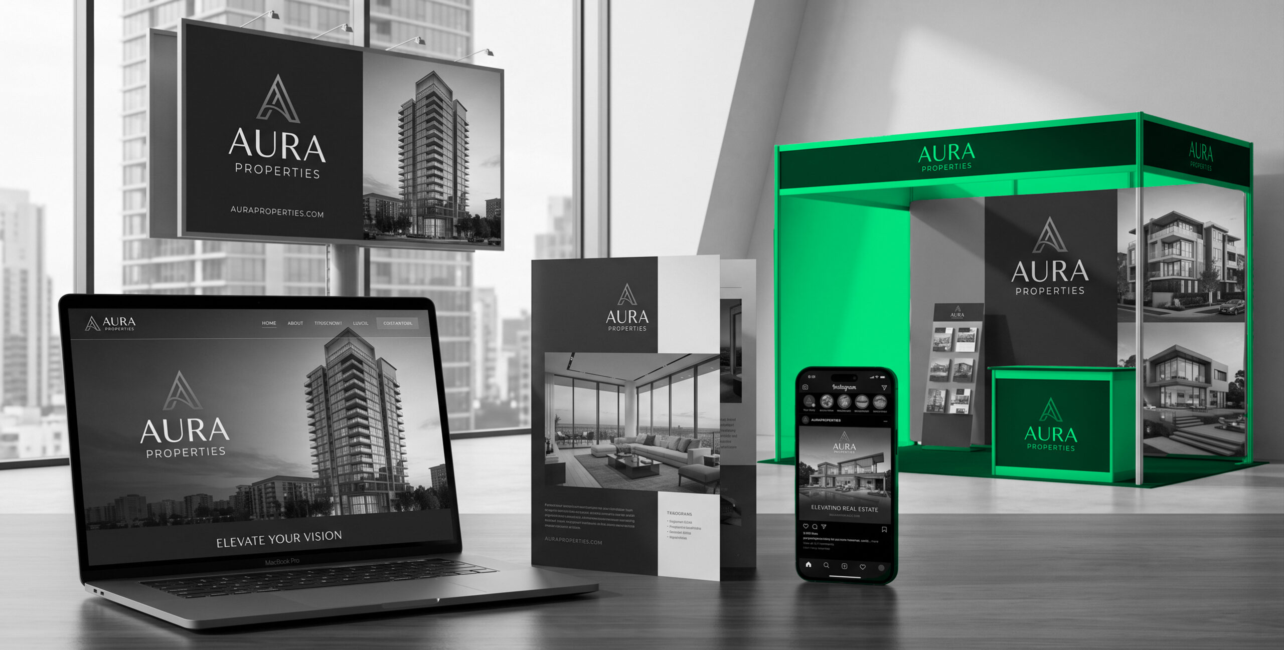 Aura Properties branding across media, real estate brand identity campaign