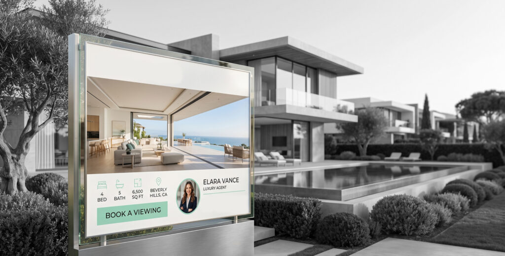 Digital property ad screen outside a Beverly Hills home, outdoor real estate advertising