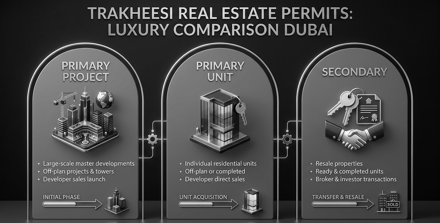 Trakheesi permit types for Dubai real estate advertising — Primary Project, Primary Unit, Secondary