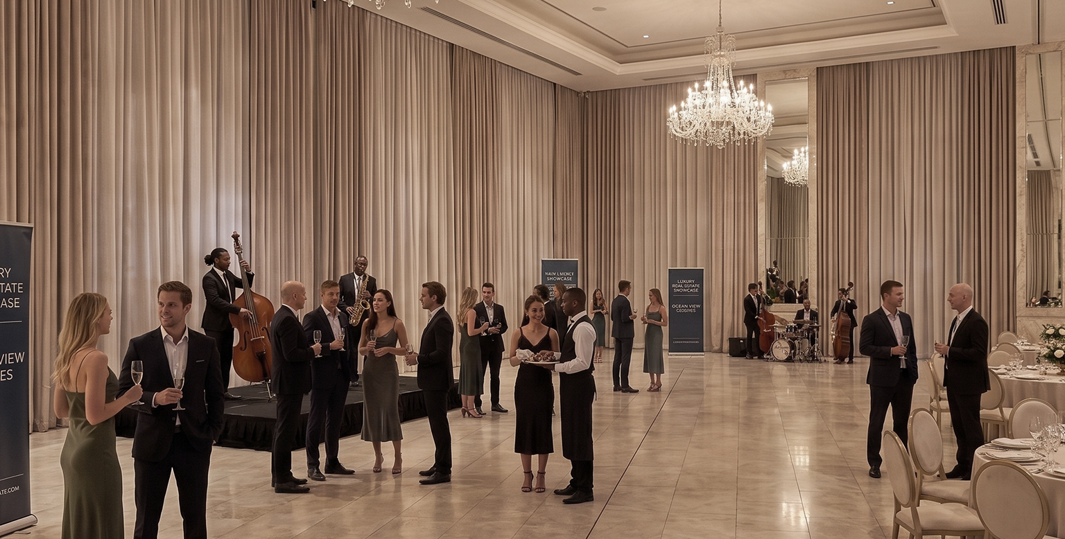 Ballroom event with Luxury Real Estate Showcase banners, real estate launch event